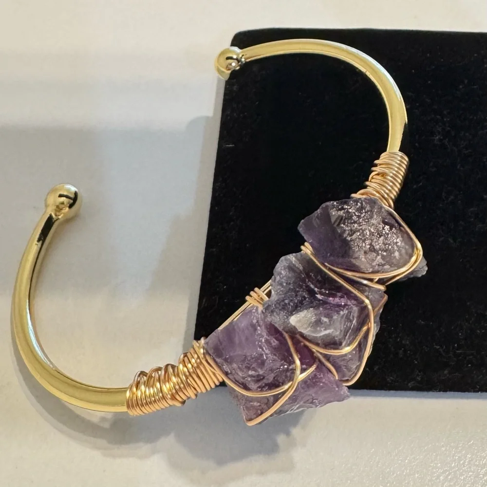 Amethyst All Natural Semi-Precious Gemstones Cuff Bracelet 18kt Gold Overlay - Picture 3 of 5